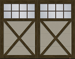 Porte de garage de style champêtre, modèle Princeton P-21, 9' x 7', porte Argile et moulures Noyer chocolaté Similibois avec fenêtre Panoramique 8 carreaux