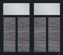 Traditional style house with garage door, Princeton P-12 model, 8' x 7',  Weathered Grey Faux Wood door and Black overlays with Clear Panoramic windows
