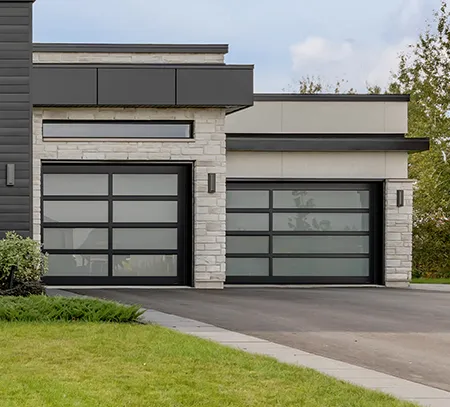 Garage door in the California design in the Black aluminum frame