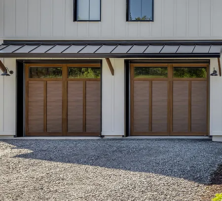 Garage door in the Eastman E-12 design in the Chocolate Walnut color