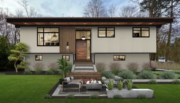 A Japandi style house, with beige cladding and plants