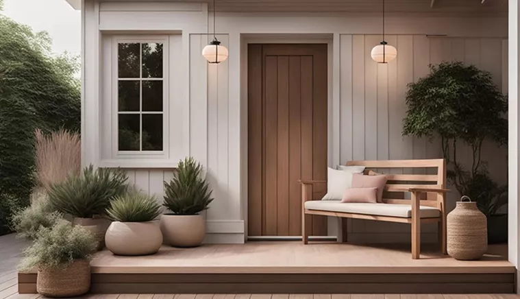 Japandi style house in white slats with plants and a decorative bench