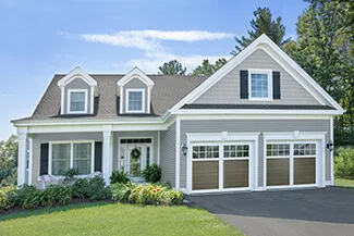 Princeton P-11, 9' x 7', Dark Sand doors and Ice White overlays, 8 lite Panoramic windows with Clear glass