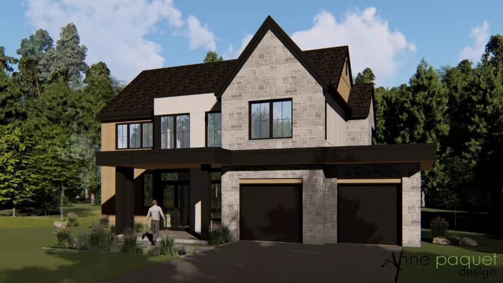 Warm-colored stone and fiber cement house with 2 Black Garaga garage doors.