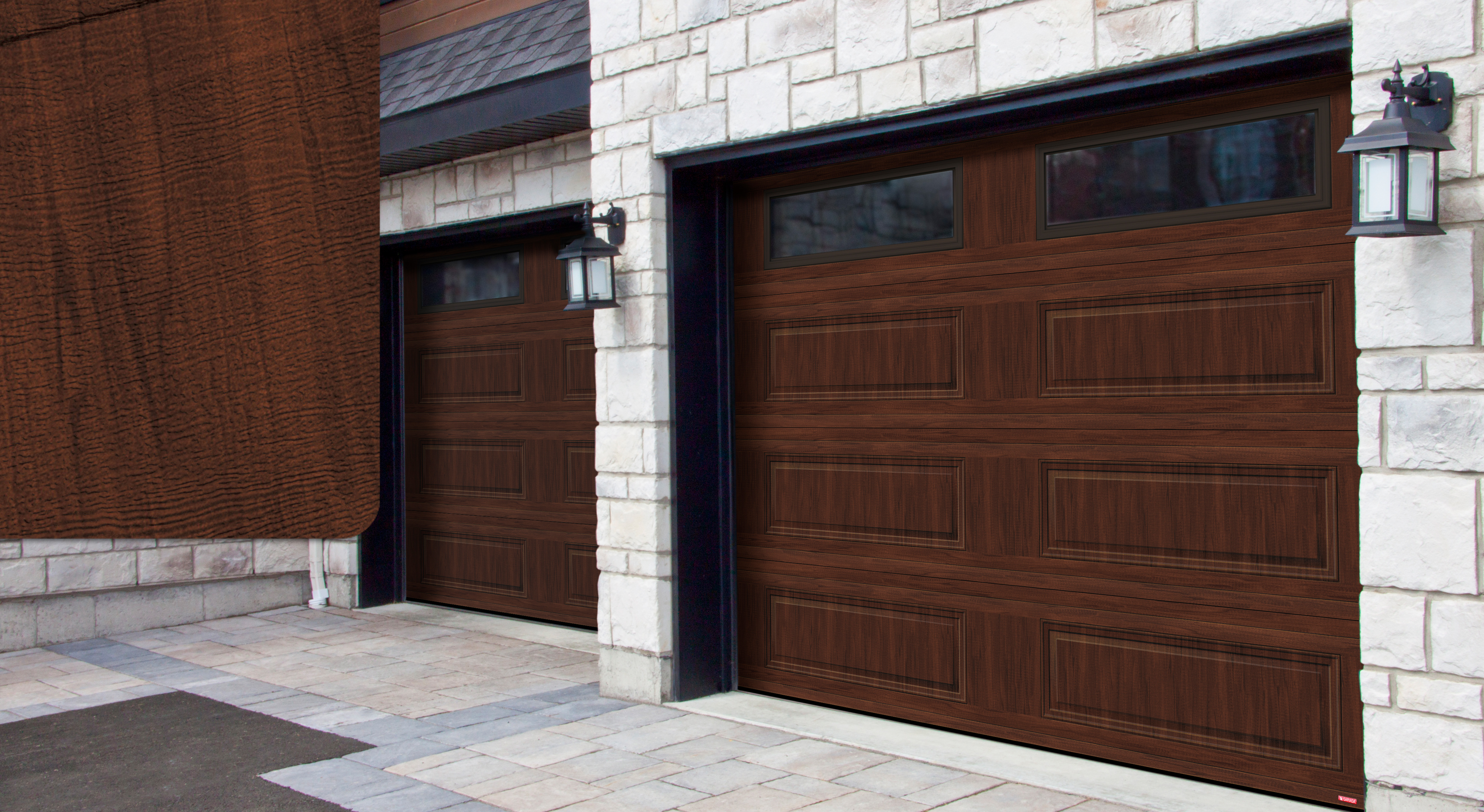 Maison en pierre grises avec des portes de garage Standard+ Classique XL, 9' x 7', Noyer américain avec des fenêtres Clair avec un échantillon Noyer américain