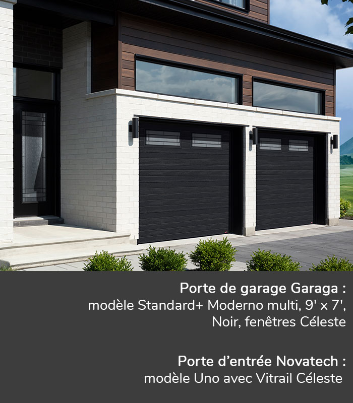 Portes de garage GARAGA | modèle Standard+ Moderno multi, Noir, fenêtres Céleste | Porte d'entrée Novatech