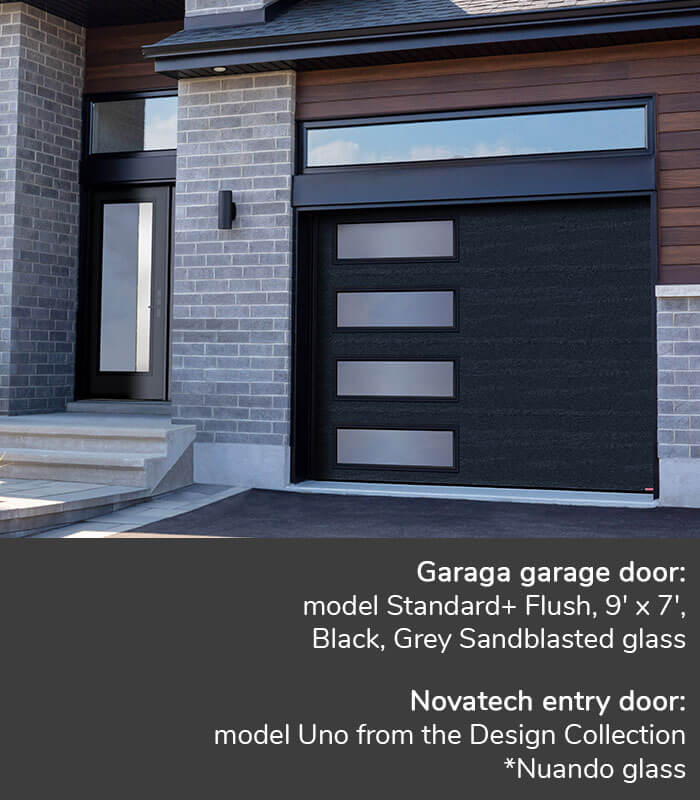 GARAGA garage doors | Standard+ Flush, 9' x 7', Black, window layout: Left-side Harmony with Grey Sandblasted glass | Novatech Entry door