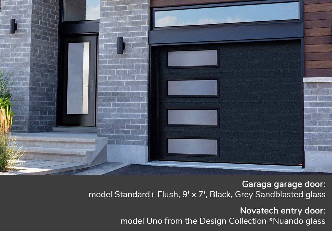 GARAGA garage doors | Standard+ Flush, 9' x 7', Black, window layout: Left-side Harmony with Grey Sandblasted glass| Novatech Entry door