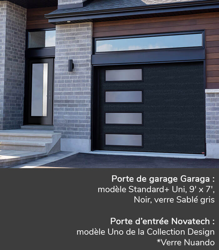 Portes de garage GARAGA | Standard+ Uni, 9' x 7', Noir, fenestration Harmonie gauche avec verre Sablé gris | Porte d'entrée Novatech