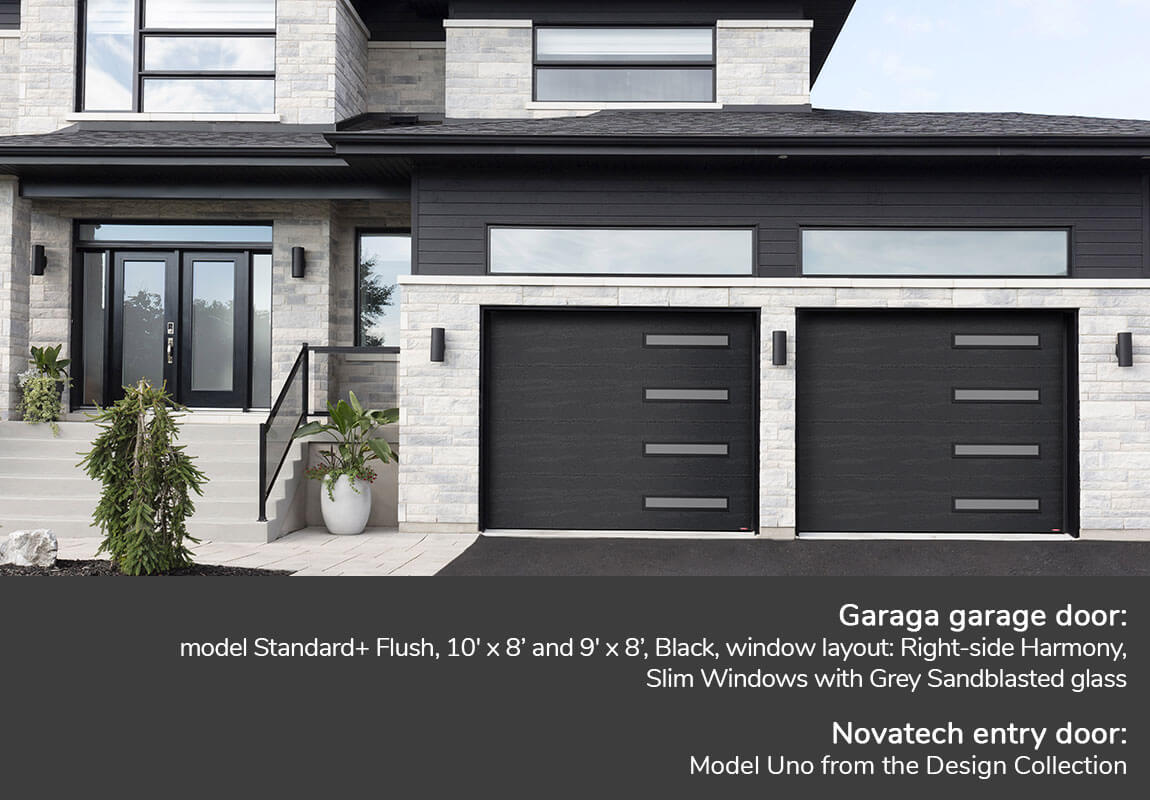 GARAGA garage doors | Standard+ Flush, 10' x 8' and 9' x 8', Black, window layout: Right-side Harmony, Slim Windows with Grey Sandblasted glass | Novatech Entry door