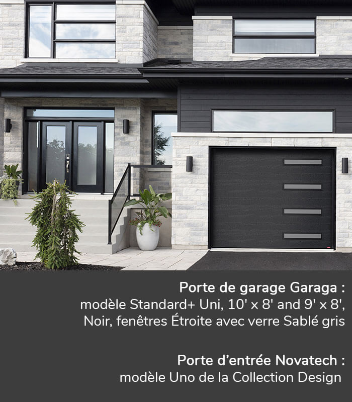 Portes de garage GARAGA | modèle Standard+ Uni, 10' x 8' et 9' x 8', Noir, fenestration Harmonie droite, fenêtres Étroite avec verre Sablé gris | Porte d'entrée Novatech