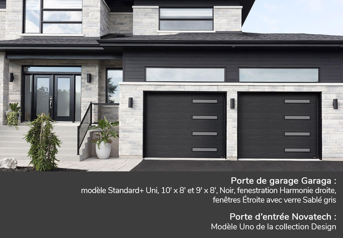 Portes de garage GARAGA | modèle Standard+ Uni, 10' x 8' et 9' x 8', Noir, fenestration Harmonie droite, fenêtres Étroite avec verre Sablé gris | Porte d'entrée Novatech