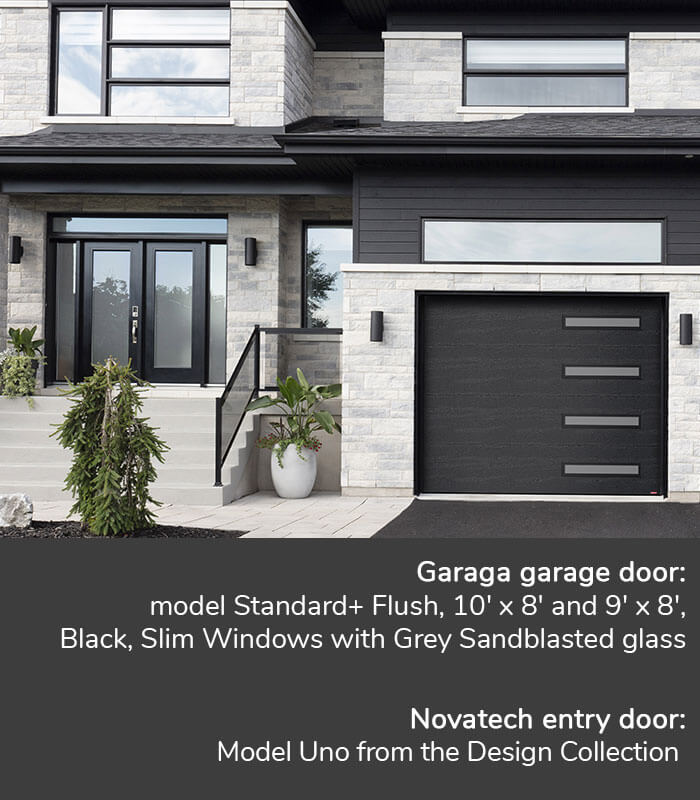 GARAGA garage doors | Standard+ Vog, Flush, 10' x 8' and 9' x 8', Black, window layout: Right-side Harmony, Slim Windows with Grey Sandblasted glass | Novatech Entry door