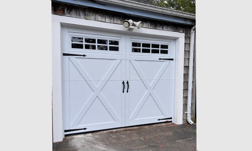 Eastman E-21 garage door, Ice White door and overlays, 8' x 7', windows with Stockton Inserts