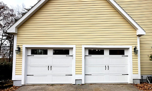 Vantage Shaker-CS long garage door, 9' x 7', White, Clear windows