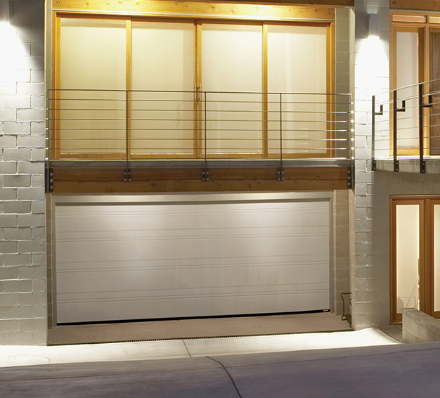 Double Contemporary Style garage door with the Top Tech 2 grooved design in the Ice White color