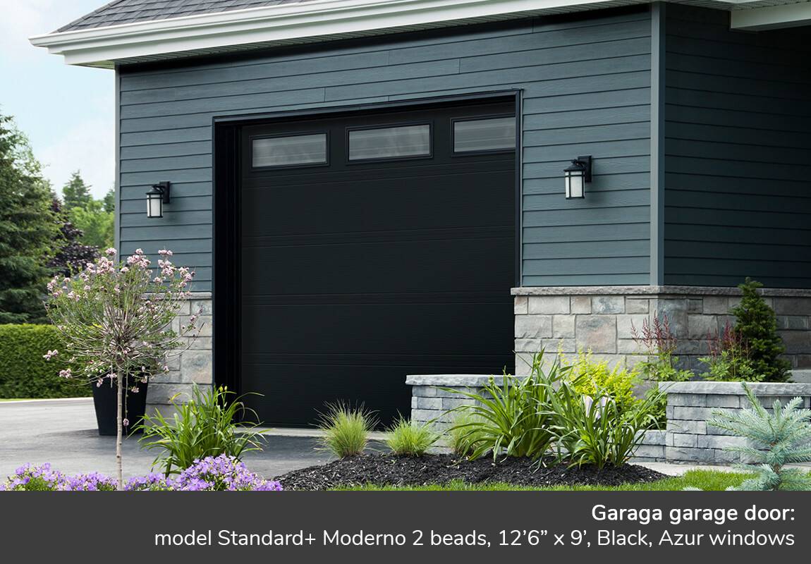Garaga garage door: Model Standard+ Moderno 2 beads, 12'6" x 9', Black, Azur windows