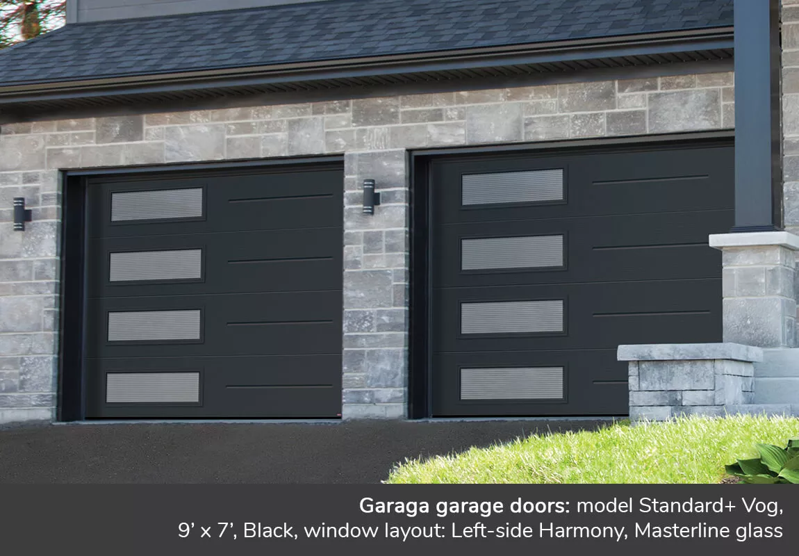 Garaga garage door: Model Standard+ Vog, 9' x 7', Black, window layout: Left-side Harmony, Masterline glass