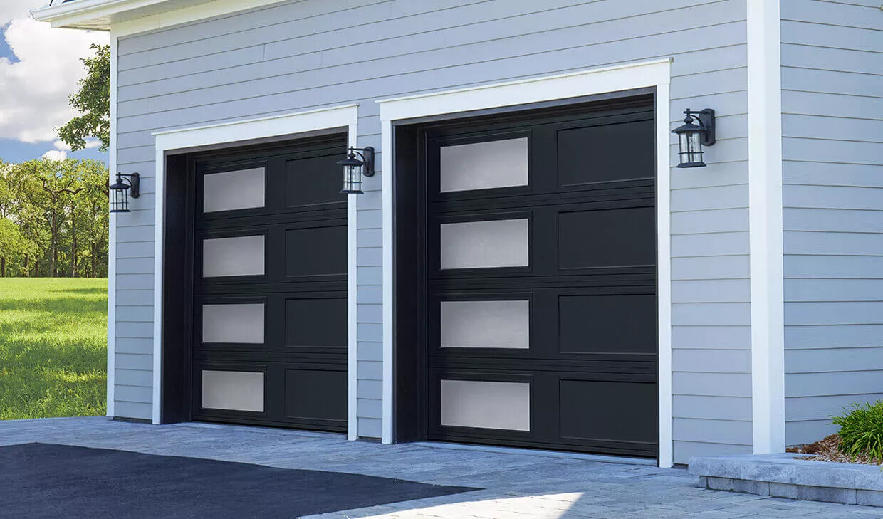 Regal Shaker-Flat Long, 9' x 7', Black Ice, window layout: Left-side Harmony with White Sandblasted glass