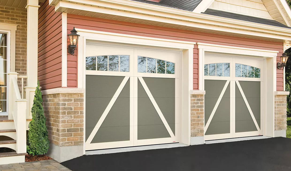 Eastman E-22, 8' x 7', Dark Sand doors and Desert Sand overlays, Arch Overlay with Panoramic 4 vertical lite windows