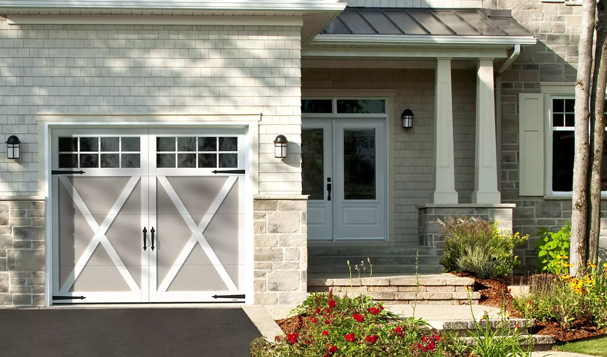 Eastman E-21, 9' x 7', Claystone doors and Ice White overlays, 8 lite Panoramic windows