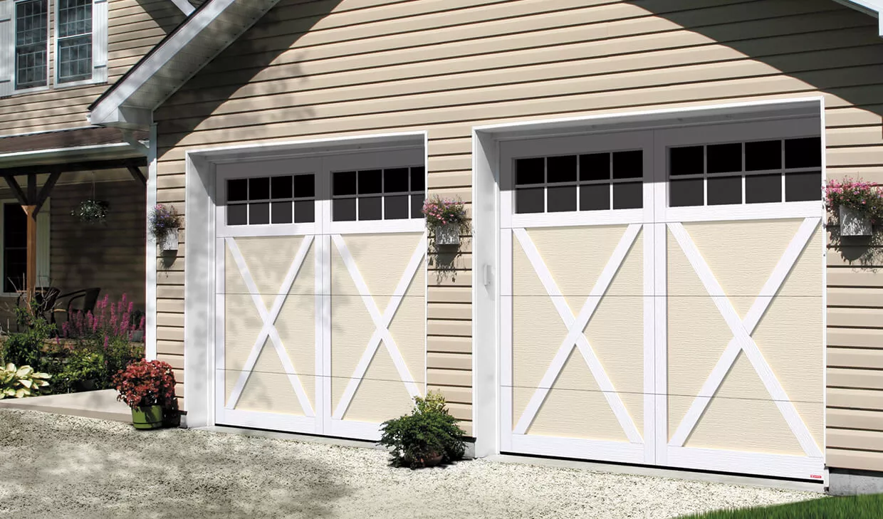 Eastman E-21, 9' x 7', Desert Sand doors and Ice White overlays, 8 lite Panoramic windows