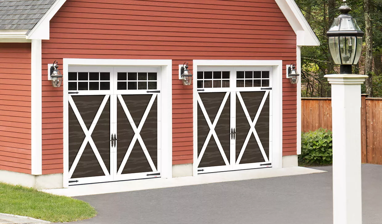 Eastman E-21, 9' x 8', Moka Brown doors and Ice White overlays, 8 lite Panoramic windows