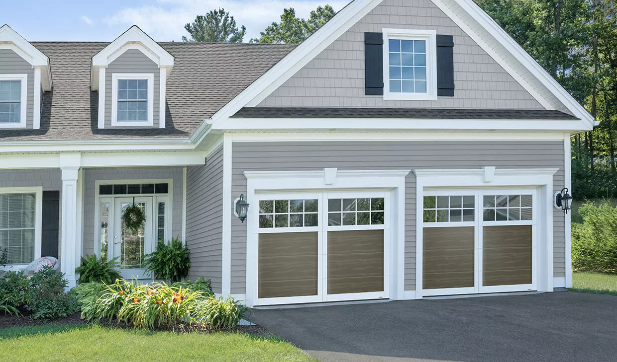 Princeton P-11, 9' x 7', Dark Sand doors and Ice White overlays, 8 lite Panoramic windows with Clear glass