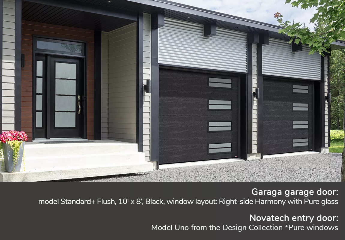 Garaga garage door: Standard+ Flush, 10' x 8", Black, window layout: Right-side Harmony with Pure glass