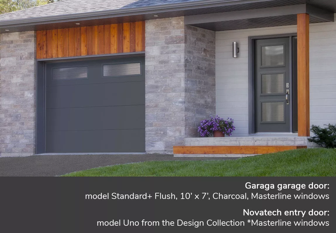 Garaga garage door: model Standard+ Flush, 10’ x 7’, Charcoal, Masterline windows | Novatech entry door: model Uno from the Design Collection *Masterline windows