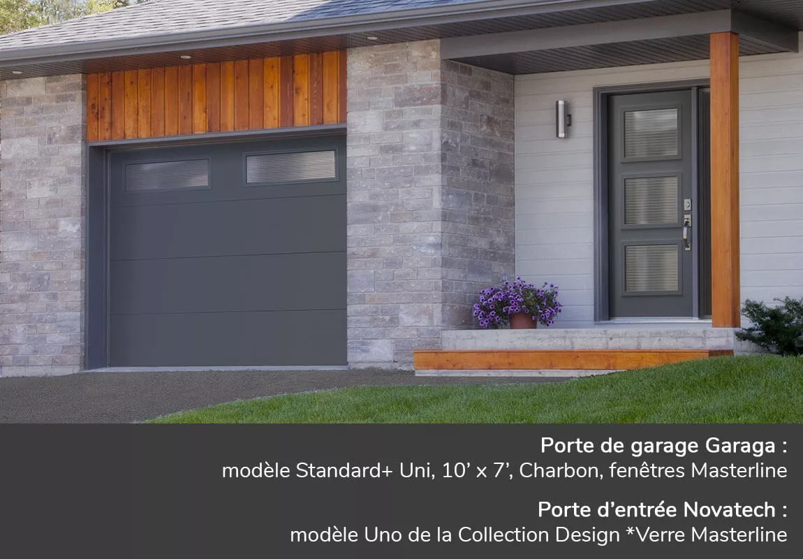 Porte de garage Garaga: Standard+ Uni, 10' x 7', Charbon, fenêtres Masterline - Porte d'entrée Novatech: modèle Uno de la Collection Design *Verre Masterline