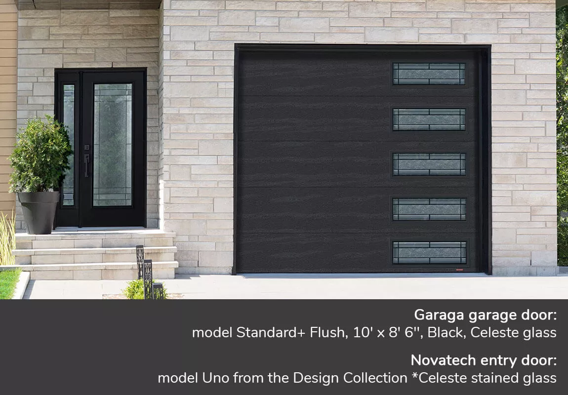 Garaga garage door: Standard+ Flush, 10' x 8' 6",  Black, window layout: Right-side Harmony with Celeste glass