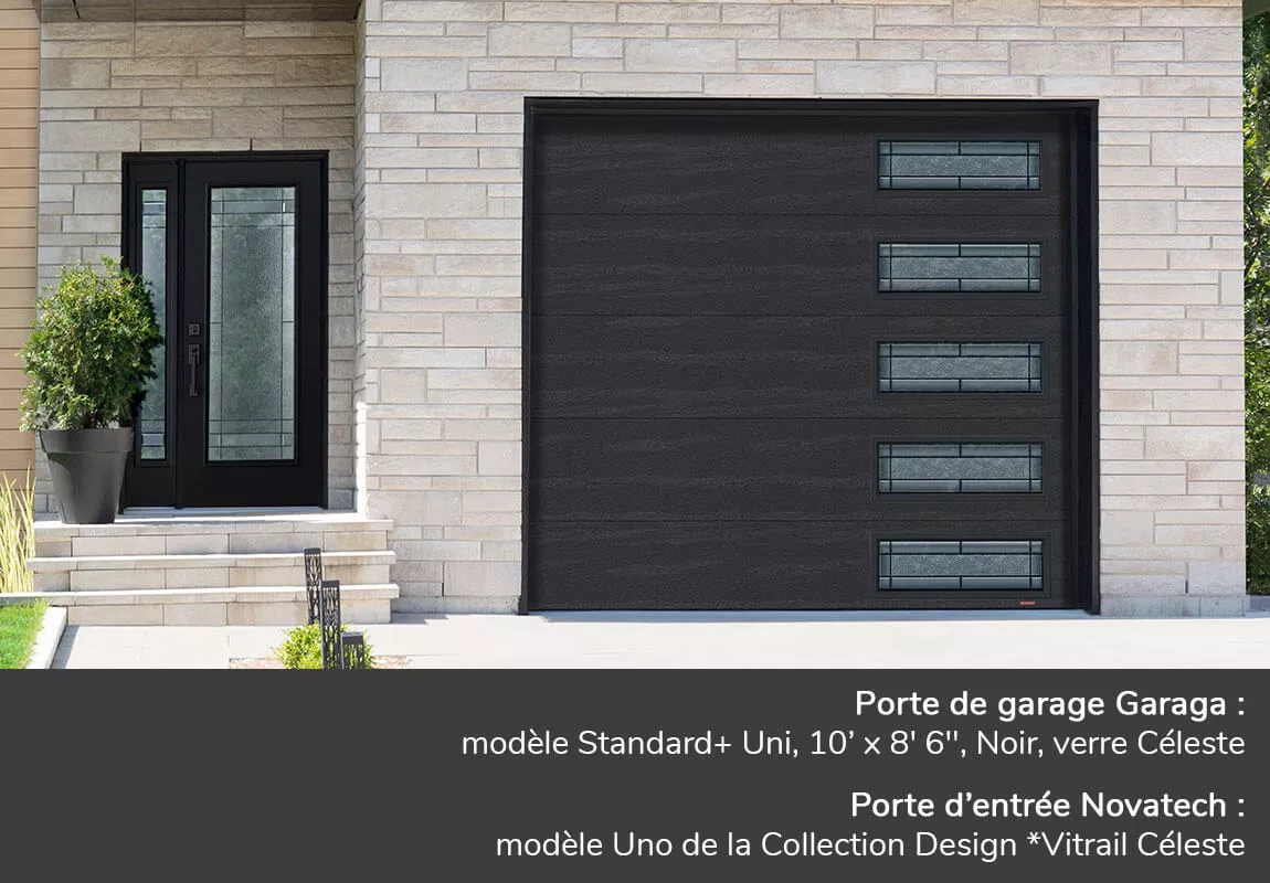 Porte de garage Garaga: Standard+ Uni, 10' x 8' 6", Noir, fenestration Harmonie droite avec verre Céleste