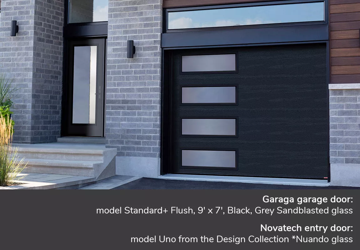 Garaga garage door: Standard+ Flush, 9' x 7', Black, window layout: Left-side Harmony with Grey Sandblasted glass