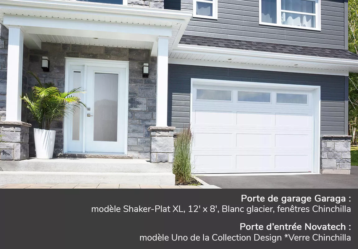 Porte de garage Garaga: Standard+ Shaker-Plat XL, 12' x 8', Blanc glacier, fenêtres Chinchilla