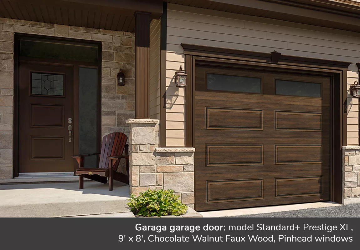 Garaga garage door: Standard+ Prestige XL, 9' x 8', Chocolate Walnut, Pinhead windows