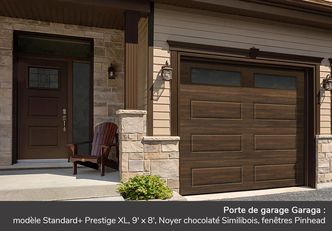 Porte de garage Garaga: Standard+ Prestige XL, 9' x 8', Noyer chocolaté, fenêtres Pinhead