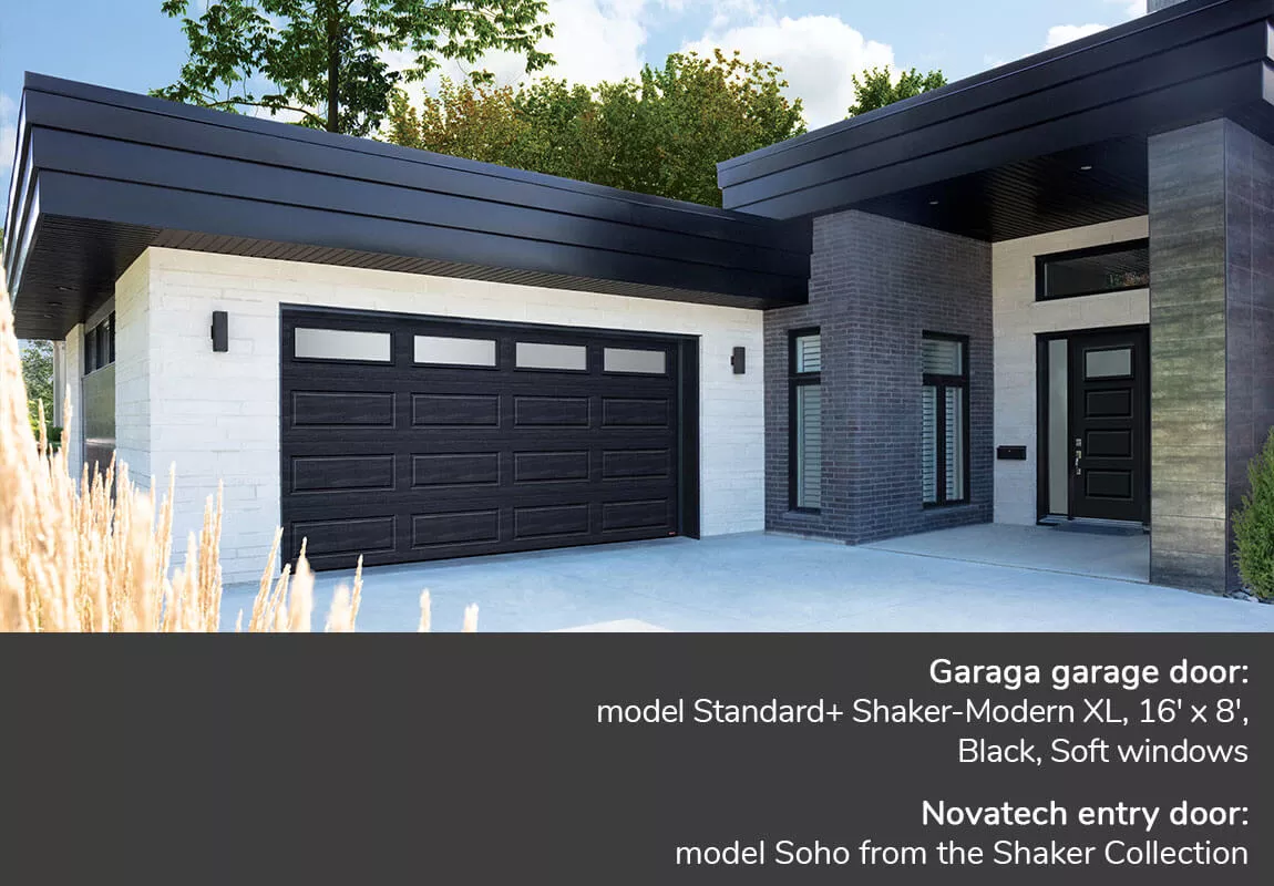 Garaga garage door: Standard+ Shaker-Modern XL, 16' x 8', Black, soft windows