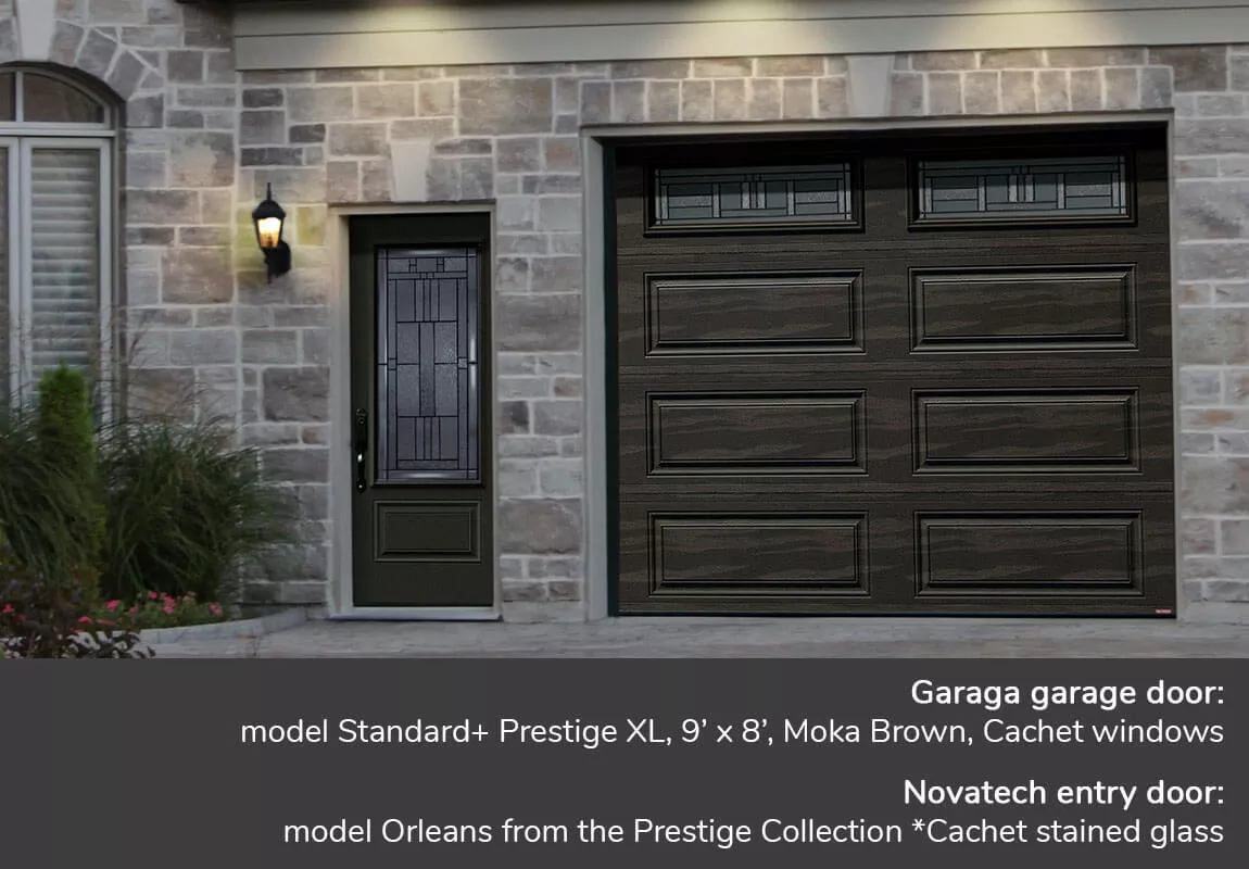 Garaga garage door: model Standard+ Prestige XL, 9’ x 8’, Moka Brown, Cachet windows | Novatech entry door: model Orleans from the Prestige Collection *Cachet stained glass