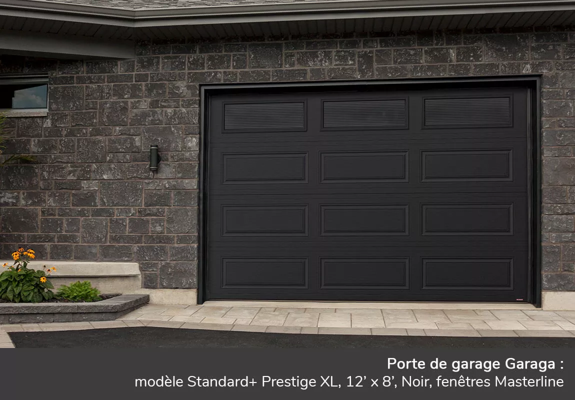 Porte de garage Garaga: Standard+ Prestige XL, 12' x 8', Noir, fenêtres Masterline