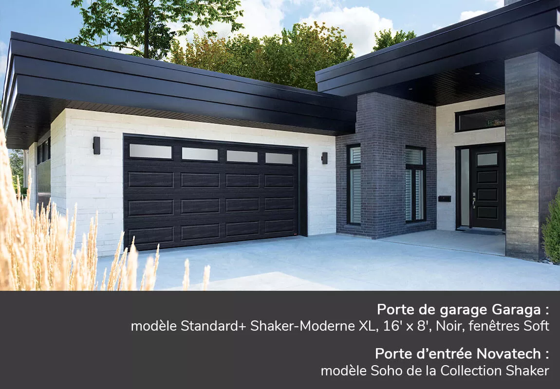 Porte de garage Garaga: Standard+ Shaker-Moderne XL, 16' x 8', Noir, fenêtres Soft