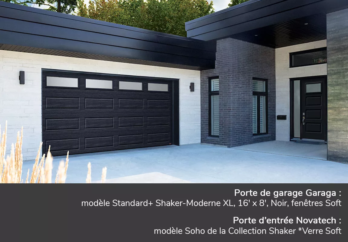 Porte de garage Garaga: Standard+ Shaker-Moderne XL, 16' x 8', Noir, fenêtres Soft