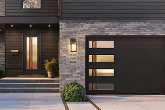 Standard+ Flush, 10' x 7', Black, window layout: Left-side Harmony with Zen glass / Coordinated with entry door from Novatech with Zen Walnut glass