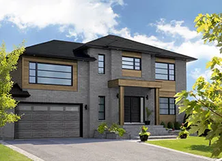 Standard+ Shaker-Modern XL, 16' x 8', Weathered Grey Faux Wood, Sandblasted windows / Coordinated with Soho entry door from Novatech's Shaker Collection