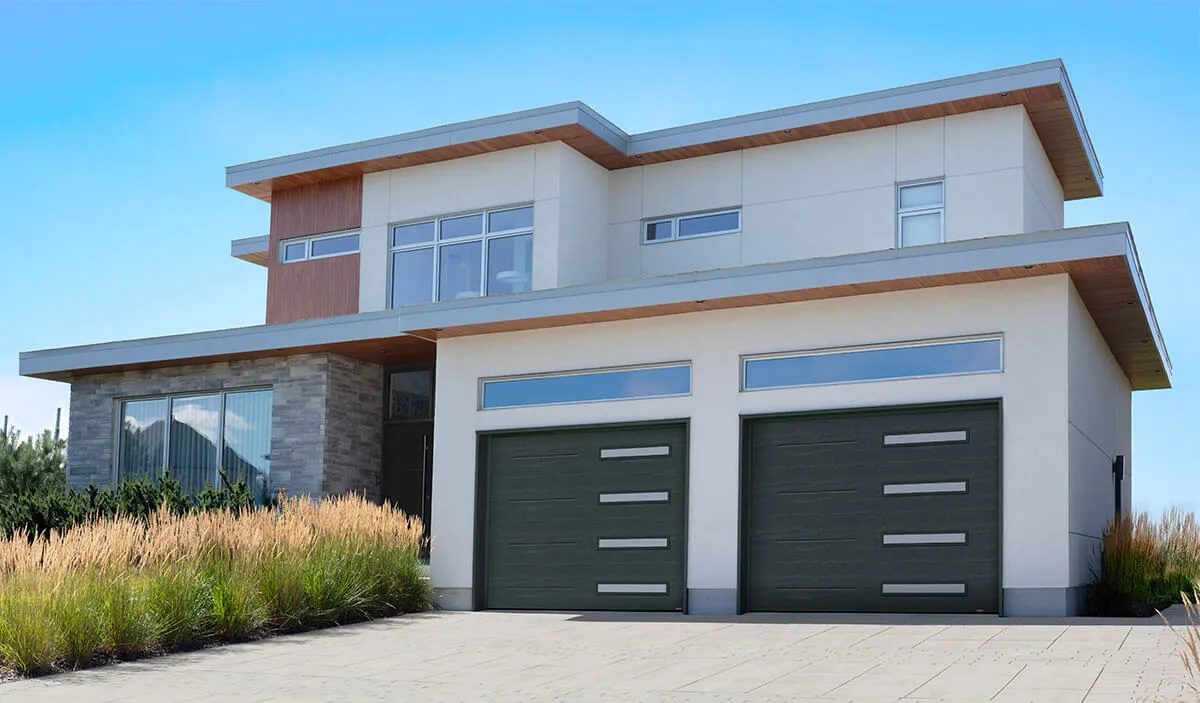 Modern two-storey Japandi style house, pale blond wood, white stucco, pale grey brick, large horizontal rectangular windows, single garage doors, dark grey, with Slim windows