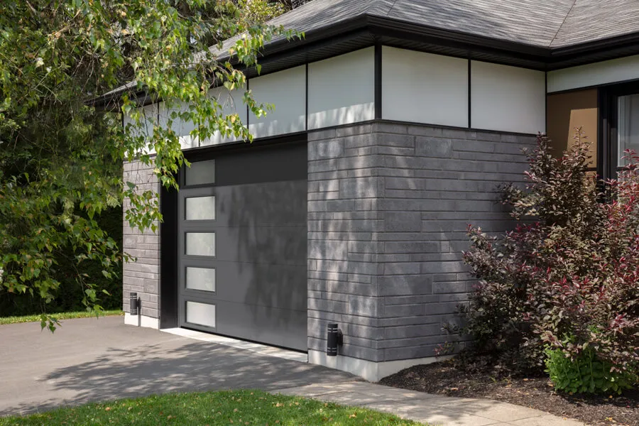 Vantage Flush, Charcoal, White Sandblasted Right Harmony windows.