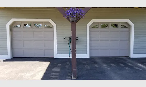 Standard+ Shaker-Flat CC garage doors, 8' x 7', Claystone, windows with Williamsburg Inserts